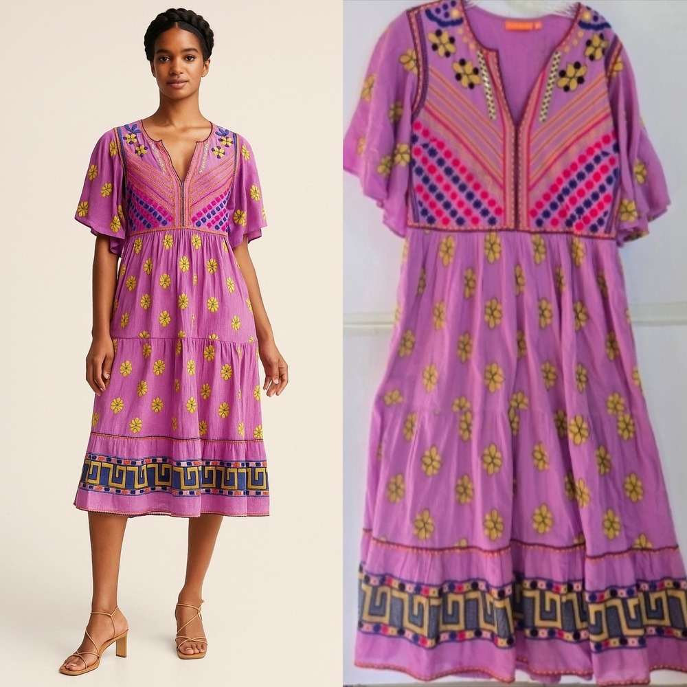 Oliphant M Purple‎ Flirty V Lucknow Lilac Tiered Maxi Dress Flutter Sleeve Boho